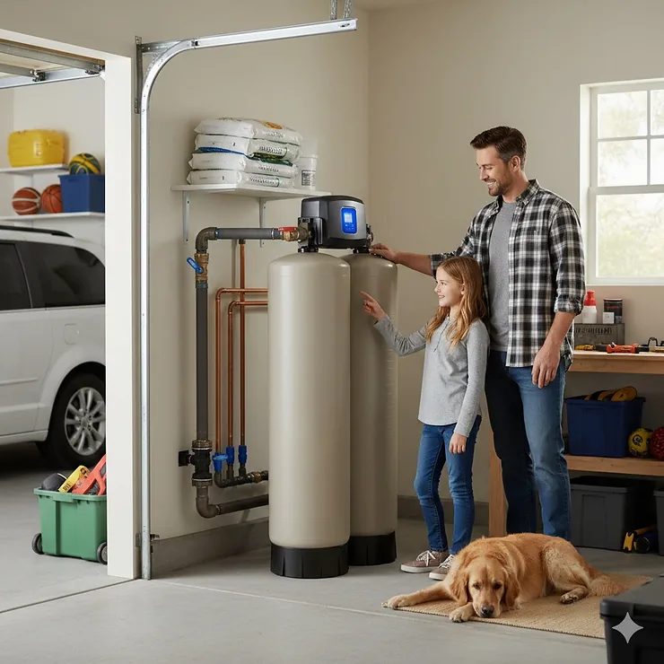 A high-capacity whole house water softener system installed in a modern family home garage. water softener for large family