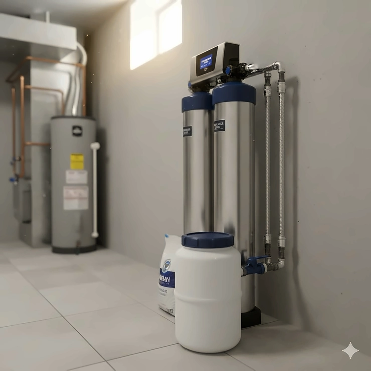 A high-efficiency whole-house water softener system installed in a basement to remove sulfur smell and hard water minerals. water softener for sulfur smell