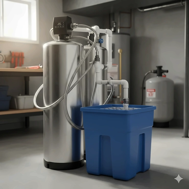 A professional installation of a dual-tank water softener system designed to remove high iron and minerals from well water in a home basement. water softener for well water with high iron