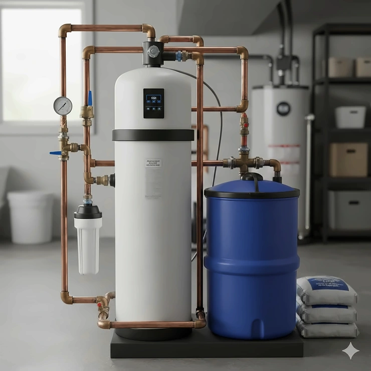 A professional whole-house water softener system for well water installed in a clean basement setting. water softener for well water