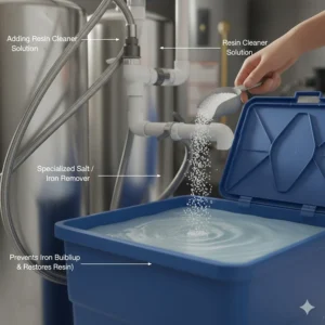 Illustration showing the addition of specialized salt or resin cleaner to prevent iron buildup in a well water system.