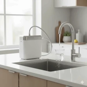 Portable countertop water softener unit connected to a standard apartment faucet.