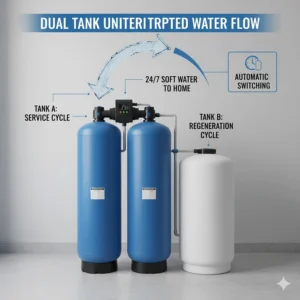 Illustration showing how dual tank softeners provide continuous soft water flow by switching tanks during regeneration.