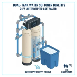 3D render of a dual-tank water softener system providing 24/7 uninterrupted soft water for big households.