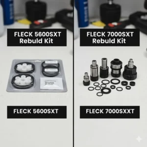 Spare parts comparison showing the seal and spacer rebuild kit for a Fleck 5600SXT next to 7000SXT maintenance parts.
