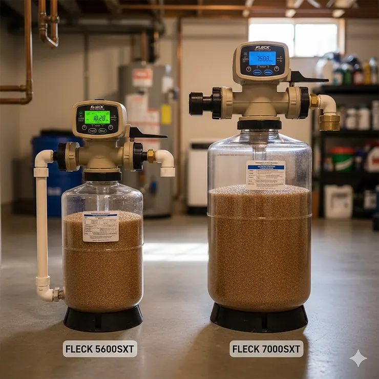 Side-by-side comparison of Fleck 5600SXT and 7000SXT water softener control valves showing digital displays and valve bodies. fleck 5600sxt vs 7000sxt