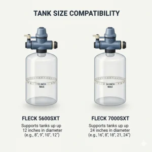 Infographic showing Fleck 5600SXT limits for tanks up to 12 inches versus 7000SXT capacity for tanks up to 24 inches.