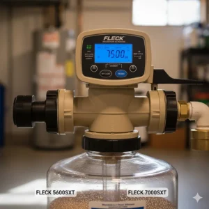 Close-up of Fleck SXT digital controllers illustrating the programming buttons and LCD screen for 5600 and 7000 models.