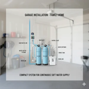 Illustration of a compact water softener installed in a garage near the main water line.