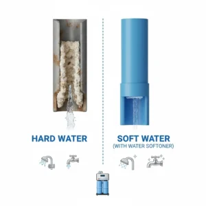 Diagram comparing limescale buildup in pipes versus clean pipes using a water softener for large family needs.