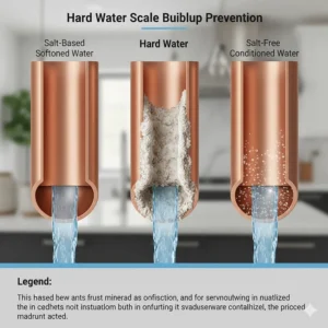 Cross-section of a copper pipe showing how salt-free conditioners prevent scale buildup compared to untreated hard water.