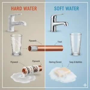 Comparison diagram showing the effects of hard water vs soft water on apartment plumbing and appliances.