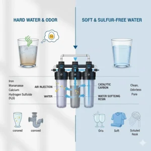 Comparison chart showing the difference between standard water softening and specialized sulfur odor removal.