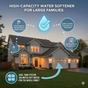 Illustration of a large family home benefiting from the high capacity of a dual tank water softener system.
