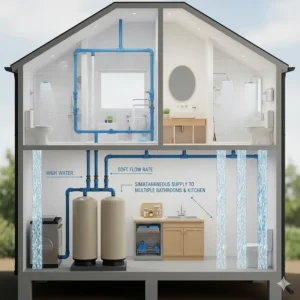 Illustration showing a water softener providing soft water to multiple bathrooms and a kitchen simultaneously.