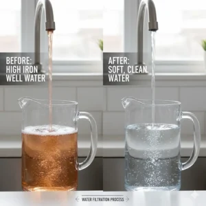 Visual representation of cloudy, high-iron well water being purified into clear, soft water through a filtration system.