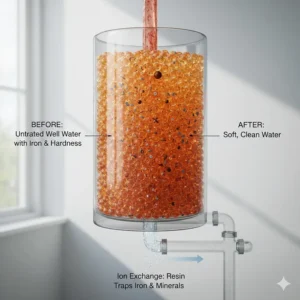 Diagram of the ion exchange process showing resin beads capturing calcium and ferric iron particles from well water.