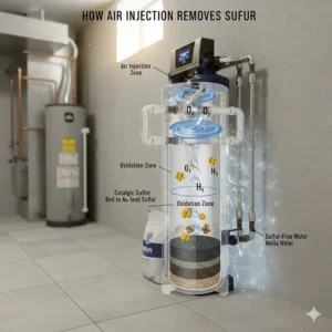 Diagram showing the chemical process of an air injection oxidation system removing sulfur odors from water.