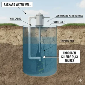 Cross-section diagram of a backyard well showing where hydrogen sulfide gas enters the water supply.