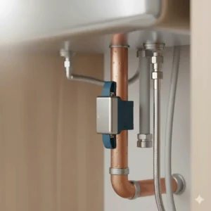 A salt-free magnetic water descaler clipped onto an apartment copper water pipe for easy installation.