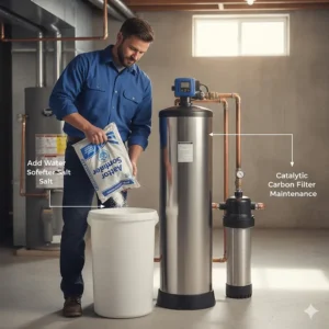 Illustration of a homeowner performing routine maintenance on a water filtration system designed for sulfur removal.
