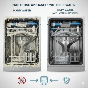 Graphic showing a washing machine and dishwasher protected from mineral deposits by a high-capacity softener.