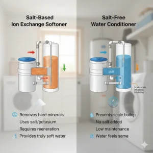 An infographic comparing the internal mechanisms of salt-based ion exchange softeners and salt-free water conditioners.