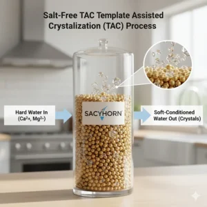 Illustration of the TAC media process in a salt-free water conditioner transforming hard minerals into harmless crystals.