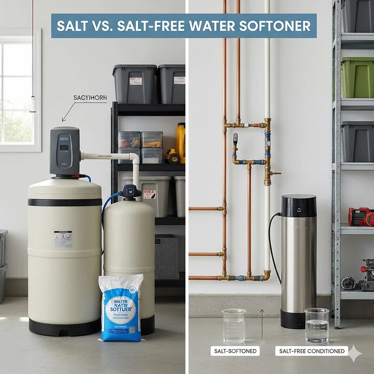 A side-by-side comparison of a traditional salt-based water softener and a salt-free water conditioner system in a home garage. salt vs salt free water softener