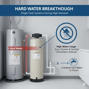 Diagram explaining hard water breakthrough in single tank systems during high demand periods.