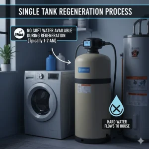 Infographic showing the downtime during a single tank water softener regeneration cycle at night.