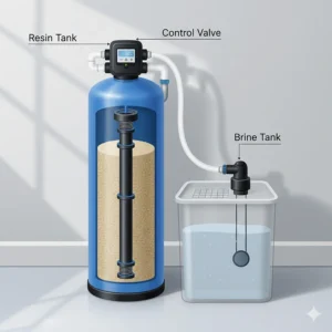 Diagram of a single tank water softener showing the resin tank and separate brine tank setup.