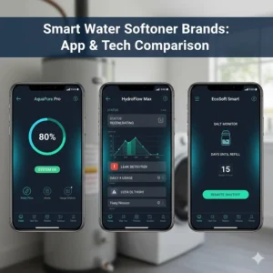 A comparison of smartphone app interfaces used by modern smart water softener brands for monitoring salt levels.