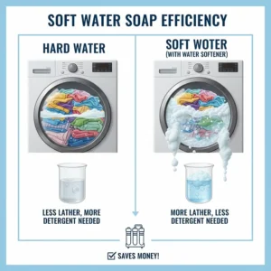 Illustration showing how soft water creates more lather with less detergent in a large family laundry load.