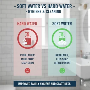 Visual comparison of soap lathering in hard water versus soft water for family hygiene.