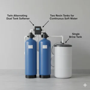 Illustration of a twin alternating dual tank water softener system with two resin tanks and one brine tank.
