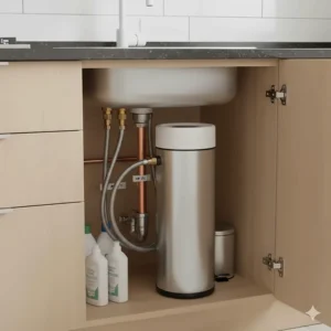 Illustration of a small-scale under-sink water softener designed for tight apartment cabinets.