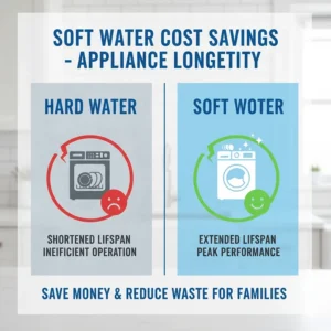 Icon-based graphic showing how soft water extends the life of dishwashers and laundry machines for families.