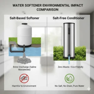 Illustration showing the brine discharge of salt-based softeners versus the eco-friendly, zero-waste operation of salt-free systems.