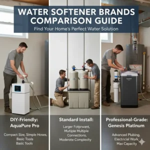 A visual guide showing the installation footprint and connection requirements for DIY versus professional-grade water softener brands.