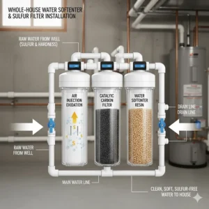 Simple plumbing schematic for installing a sulfur-prevention filter alongside a standard water softener.