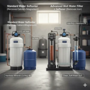 Side-by-side comparison of a standard softener versus an advanced system with an iron filter for well water.