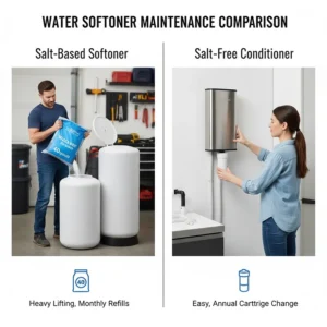 Graphic comparing the maintenance of salt-based systems, including heavy salt bags, versus the low-maintenance cartridge changes of salt-free systems.