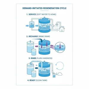 A simple diagram explaining the demand-initiated regeneration cycle of a large family water softener.