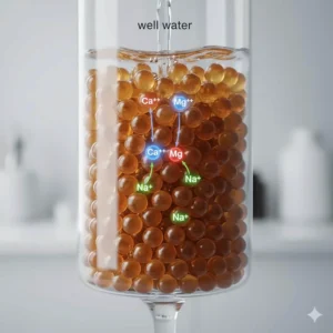 Macro view of ion-exchange resin beads swapping sodium ions for hardness minerals in well water.