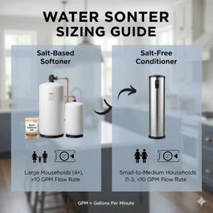 Infographic guide for choosing between salt vs salt-free water softeners based on household size and flow rate.