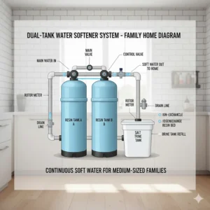 Diagram of a dual-tank water softener system suitable for a medium-sized family home.
