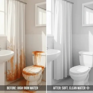 Comparison of bathroom fixtures with orange iron stains versus clean fixtures after using an iron-filter water softener.