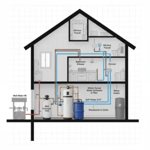 A photorealistic cross-section of a home showing the plumbing path from a private well to a water softener.