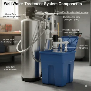 Labeled diagram of a water softener for well water including the brine tank, control valve, and mineral tank.